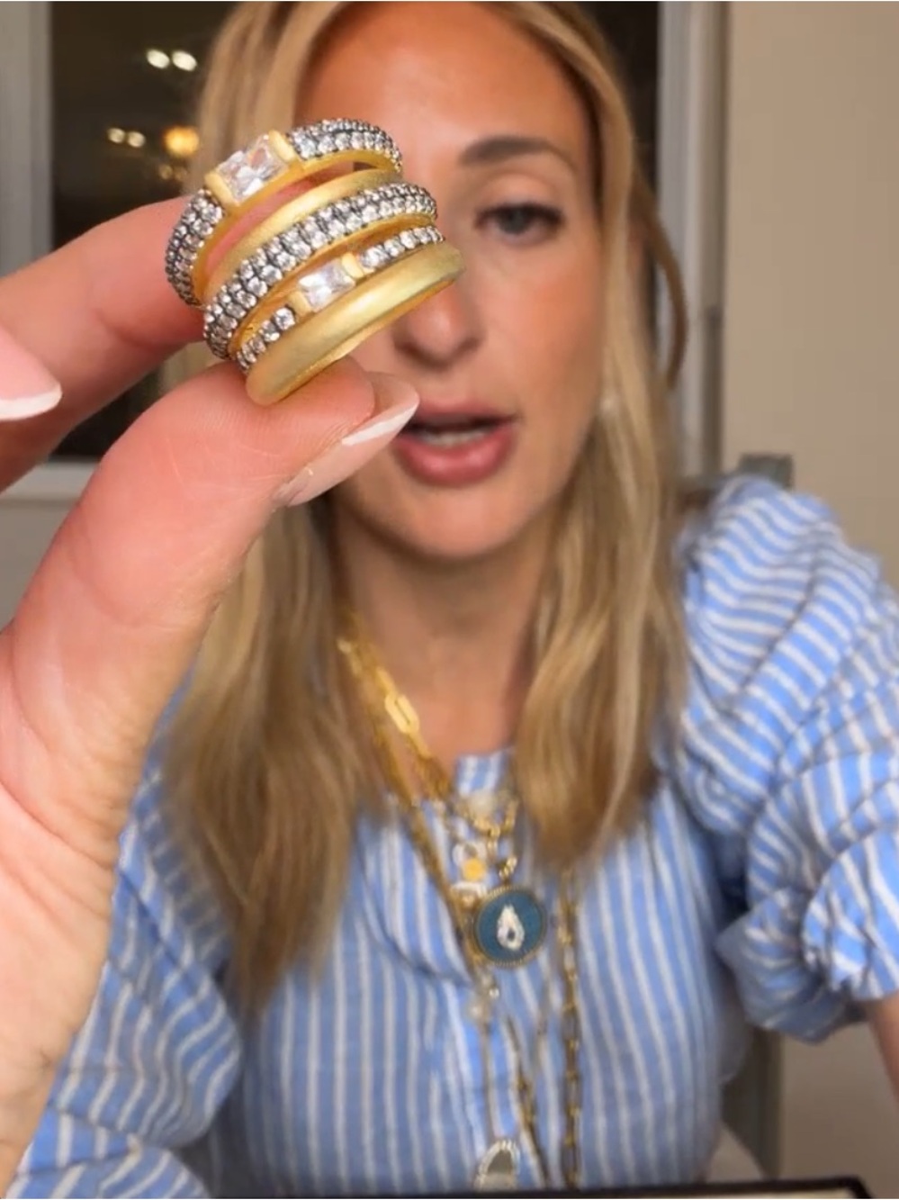 Gold and Silver Multi-Row Crystal Statement Ring
